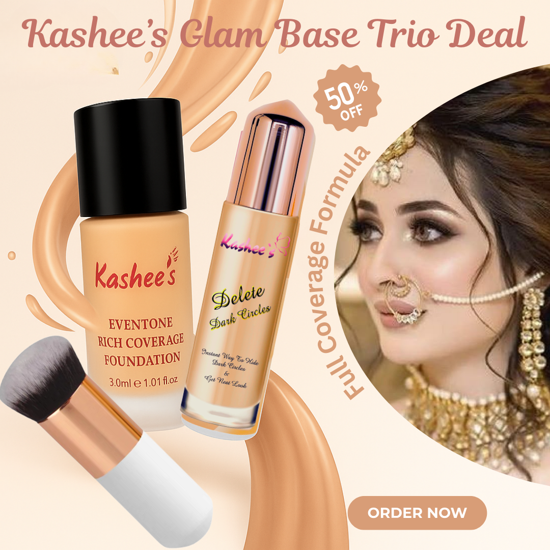 Kashee's Glam Base Trio Deal (Kashee's Eventone High Coverage foundation, Kashee's Concealer and Pier Foundation Brush)